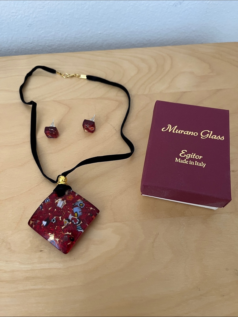 Murano Red Millefiori Glass Pendant Necklace with Matching Studs